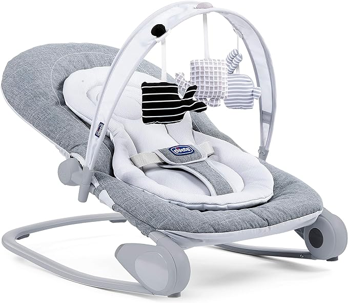 Chicco Hooplà Hamaca para Bebé de 0 Meses a 18 kg, Balancín y Silla de Bebés y Niños con Arco de Juegos, Respaldo Ajustable y Cojín Reductor, Compacta - Color Gris Vaquero (Titanium)