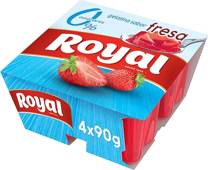Royal Gelatina Sabor Fresa 0% Azúcares y Alto Contenido en Proteínas, Sin Gluten, Sin Colorantes Artificiales 4 Vasos x 90g
